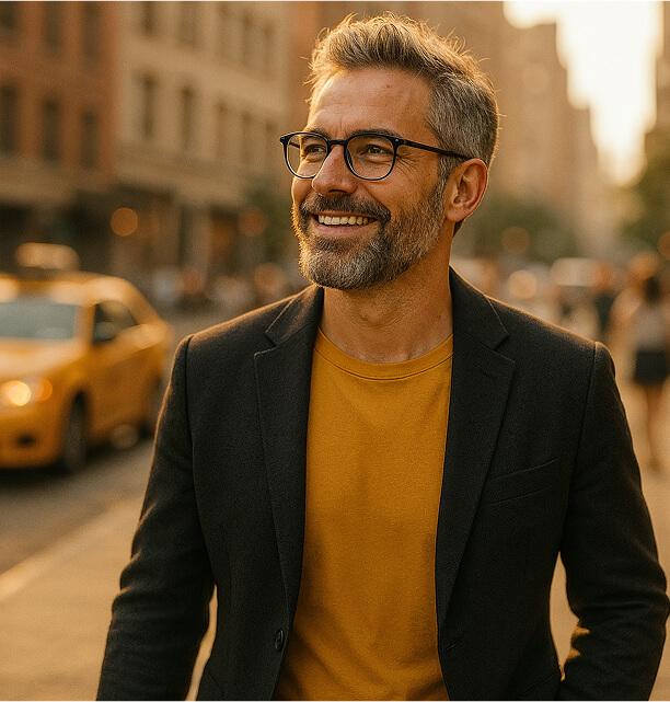 Homem sorrindo com camisa amarela