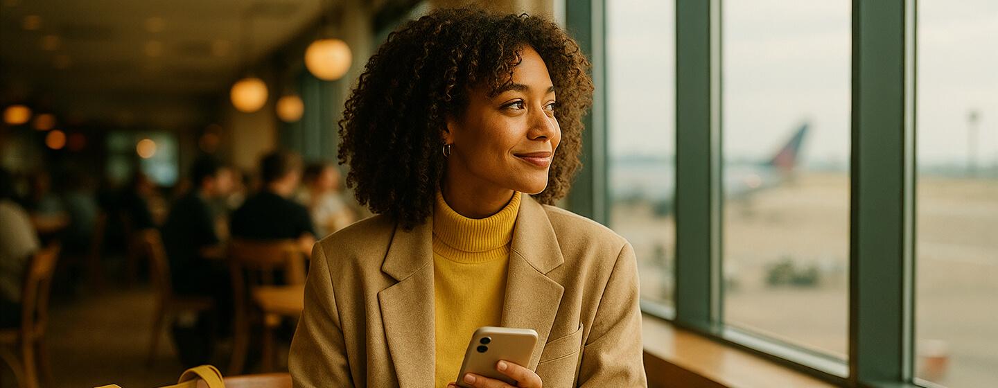 Mulher sorrindo com jaqueta amarela